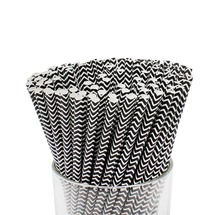 Black Chevron Striped Paper Straw