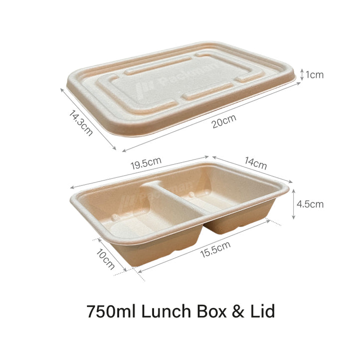 750ml 2-Compartment Sugarcane Lunch Box (300pcs)