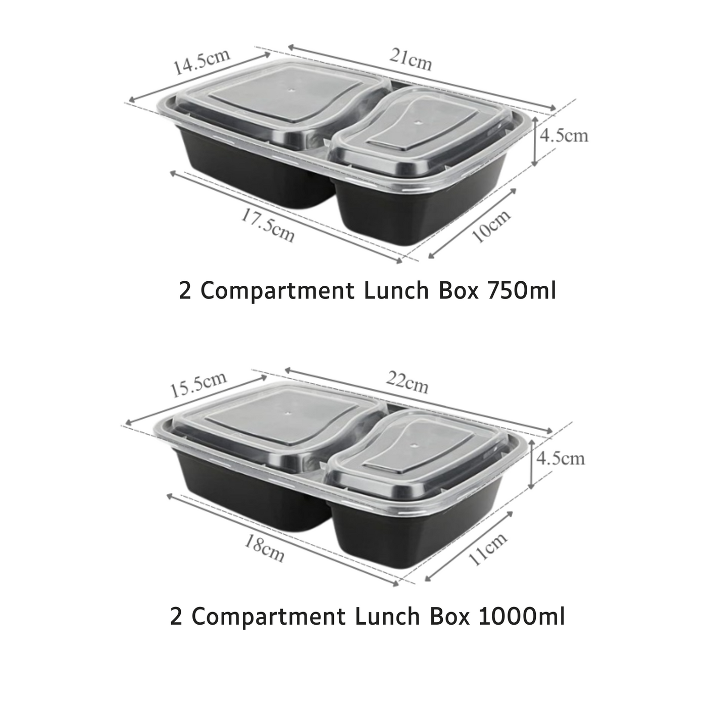 2 Compartment Plastic Bento Box With Lids (2 sizes) / Local Stock — Packman