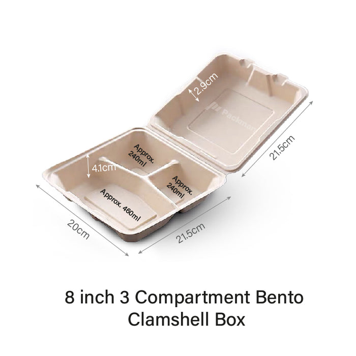 8" 3-Compartment Clamshell Sugarcane Lunch Box
