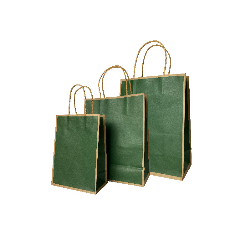 21 x 11 x 27cm  Deep Green with Brown Border Paper Bag  (100pcs)