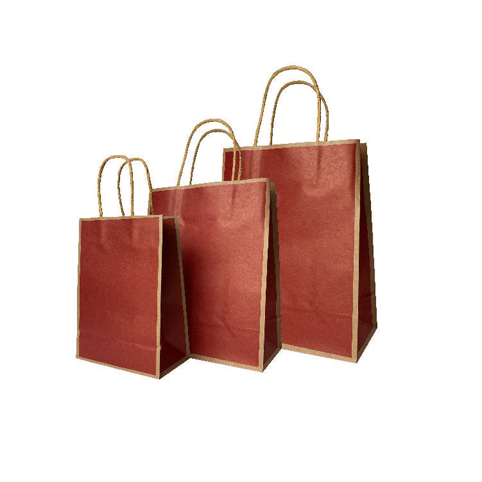 25 x 12 x 32cm  Red with Brown Border Paper Bag  (100pcs)