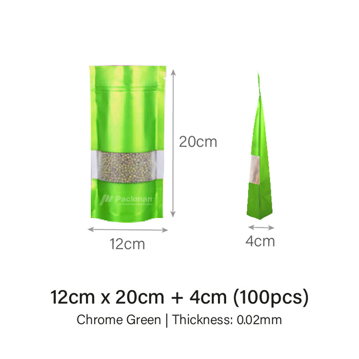 12 x 20cm Chrome Green Standing Pouch (100pcs)