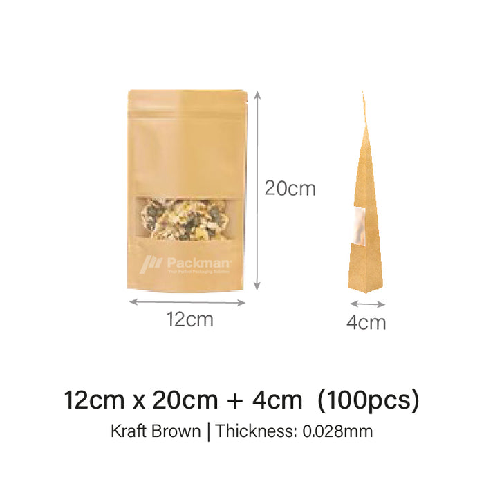 12 x 20cm Kraft Standing Pouch (100pcs)