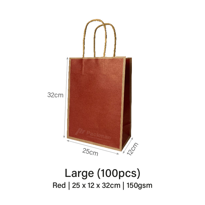 25 x 12 x 32cm  Red with Brown Border Paper Bag  (100pcs)