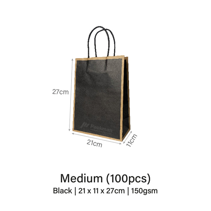 21 x 11 x 27cm Black with Brown Border Paper Bag  (100pcs)