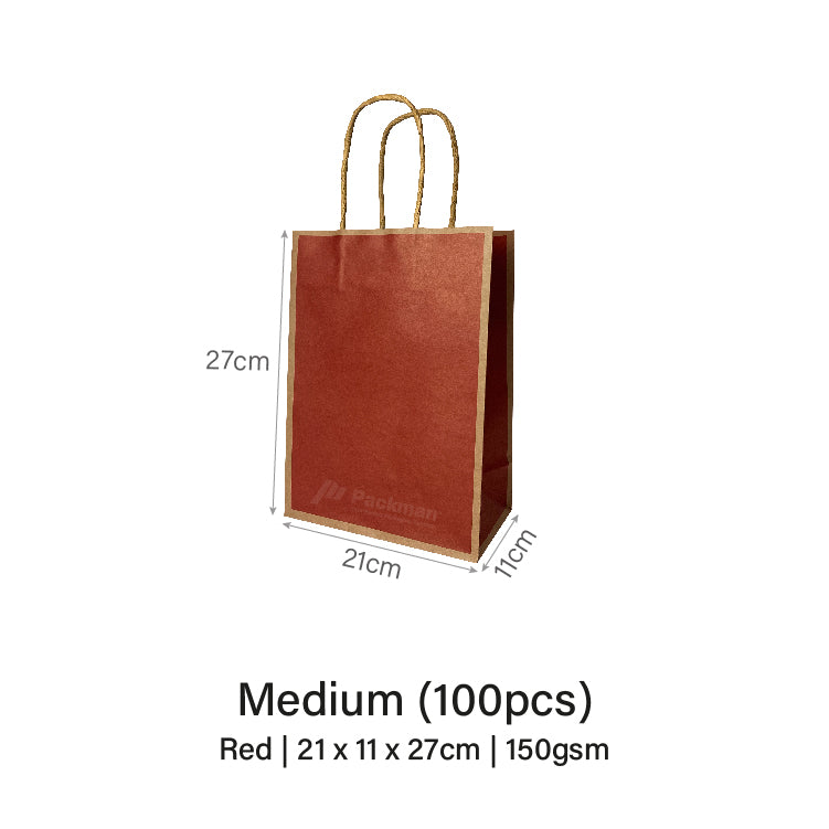 21 x 11 x 27cm  Red with Brown Border Paper Bag  (100pcs)
