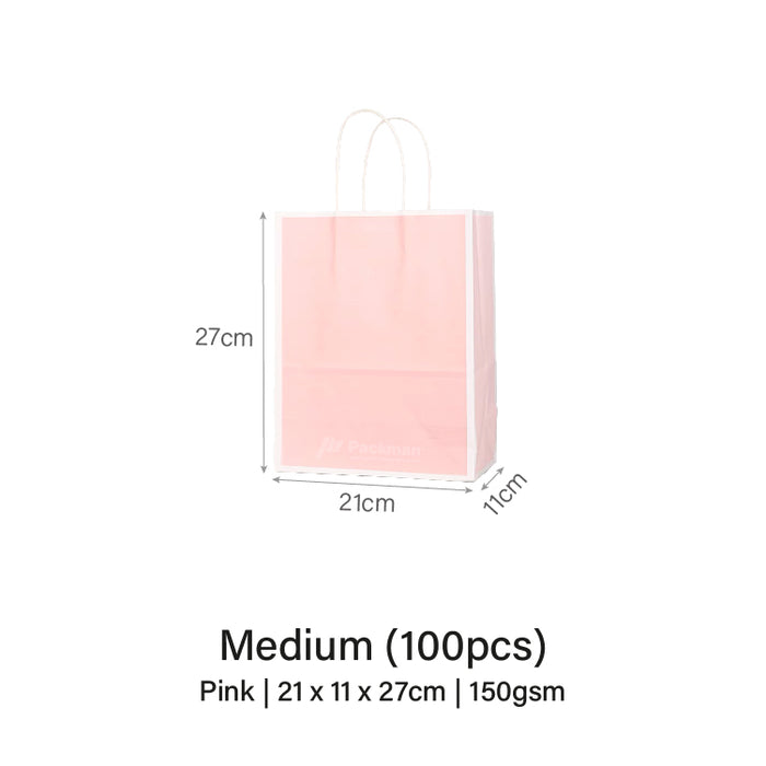 21 x 11 x 27cm Pink with White Border Paper Bag  (100pcs)