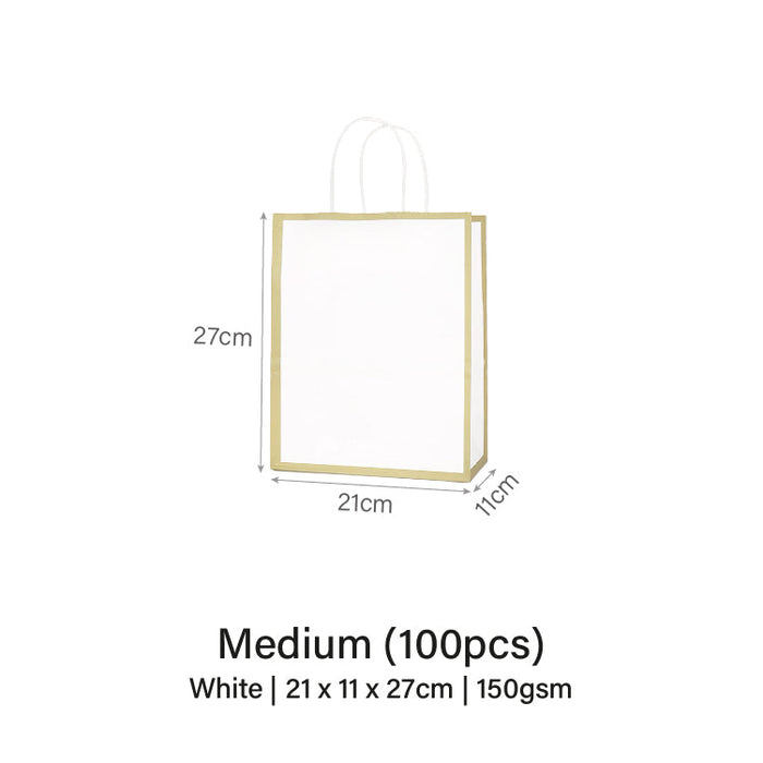 21 x 11 x 27cm  White with Gold Border Paper Bag  (100pcs)